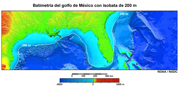 Batimetría del golfo de México con isobata de 200 m