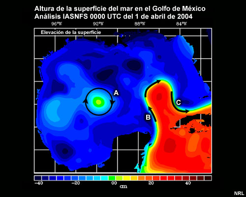 Altura de la superficie del mar en el golfo de México. Análisis IASNFS de las 00 UTC del 1 de abril de 2004