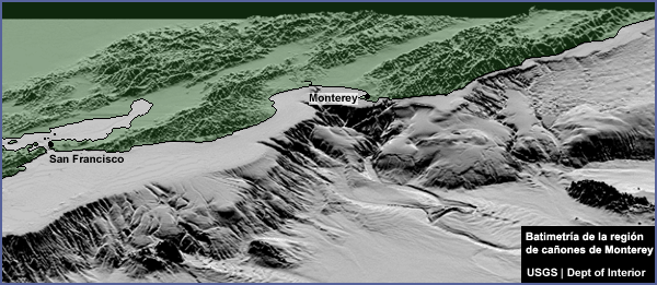 Mapa de relieve sombreado de la topografía/batimetría de la costa de California