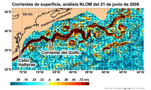 Corriente del Golfo, análisis NLOM de corrientes de superficie del 21 de junio de 2006