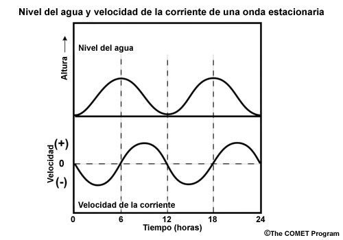 Gráfica de la relación entre el nivel del agua y la velocidad de la corriente de una onda estacionaria
