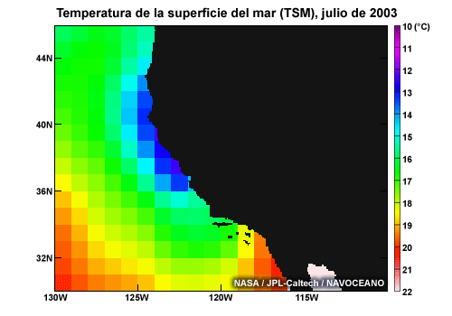 Temperatura de la superficie del mar (TSM) junto a la costa del pacífico de América del Norte, julio de 2003