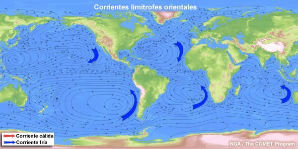 Corrientes oceánicas globales con corrientes limítrofes orientales resaltadas