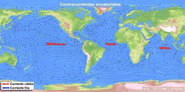 Corrientes oceánicas globales con contracorrientes ecuatoriales resaltadas