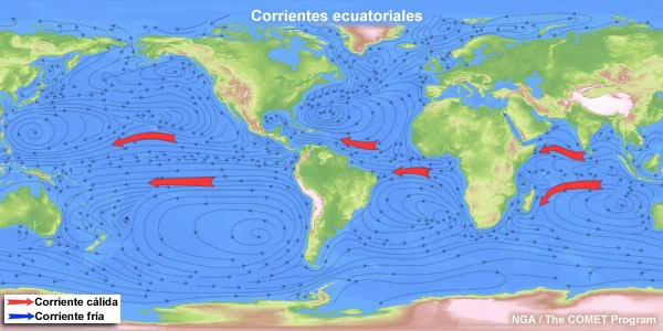 Corrientes oceánicas globales con corrientes ecuatoriales resaltadas