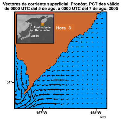 Vectores de corriente superficial. Pronóst. PCTides válido de 0000 UTC del 5 de ago. a 0000 UTC de 7 de ago de 2005