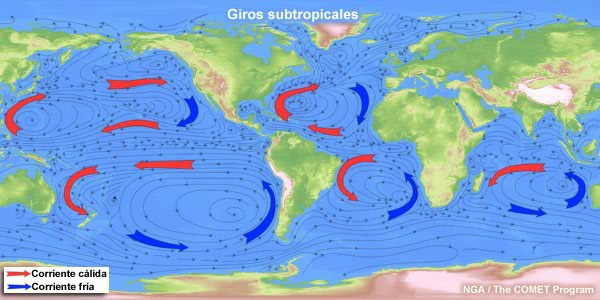 Corrientes oceánicas globales con giros subtropicales resaltados