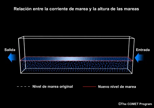 Animación de un volumen de agua que muestra cómo el volumen de la corriente de marea entrante varía respecto de la corriente de marea que sale del volumen. Esto ilustra el cambio en la elevación de la marea (el nivel del agua) durantes esta variación.
