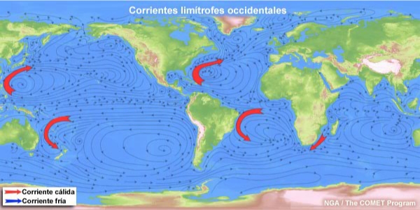 Corrientes oceánicas globales con corrientes limítrofes occidentales resaltadas