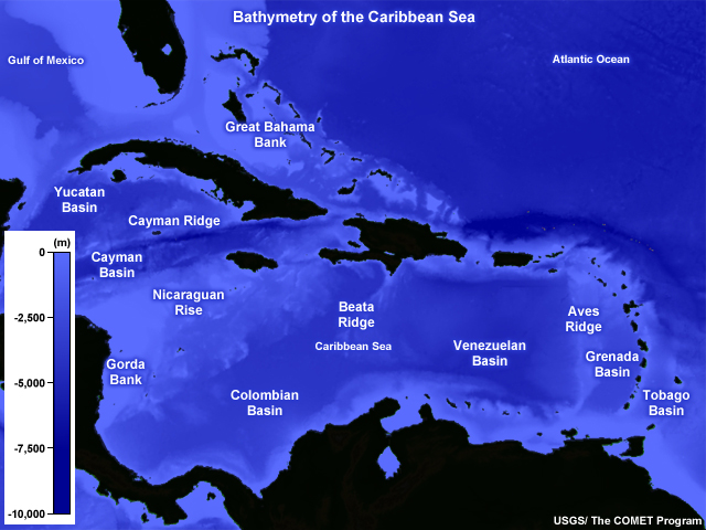 Basins, Ridges and Banks in the Caribbean Sea