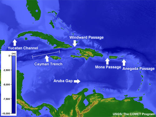 Blank map of the bathymetry of the Caribbean