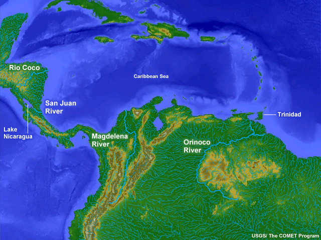 Map showing major rivers flowing into the Caribbean Sea