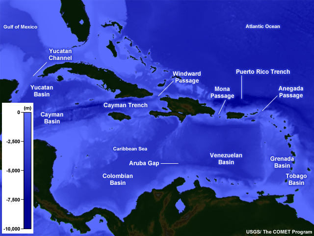 Trenches and Straits in the Caribbean Sea