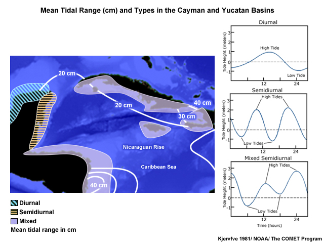 Mean tide types and tidal ranges in the Cayman and Yucatan basins