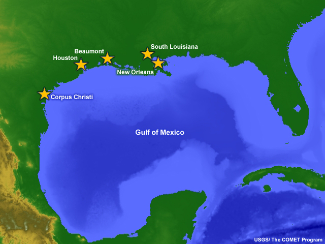 May showing the locations of major US commercial ports on the Gulf of Mexico