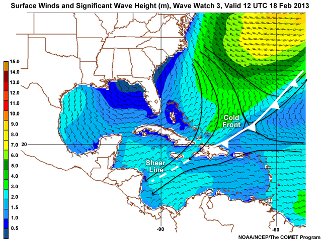 Surface Winds and Significant Wave Heights, Valid 12 UTC 18 Feb 2013