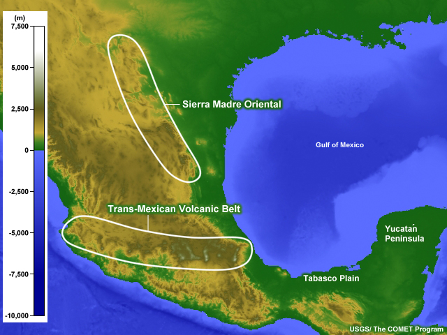 Topographic map of area surrounding the Gulf of Mexico including the US Gulf Coast, Sierra Madre Oriental, the Trans-Mexican Volcanic belt, and the coastal lowlands, including the Tabasco Plain and the Yucatan Peninsula of Mexico, and Cuba.