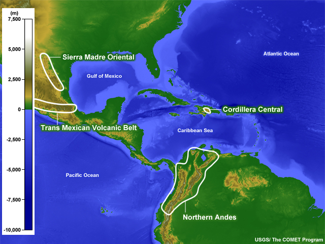 Major topography of the Gulf of Mexico and Caribbean