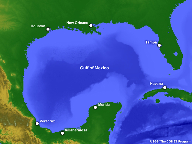 May showing the locations of major cities on the Gulf of Mexico