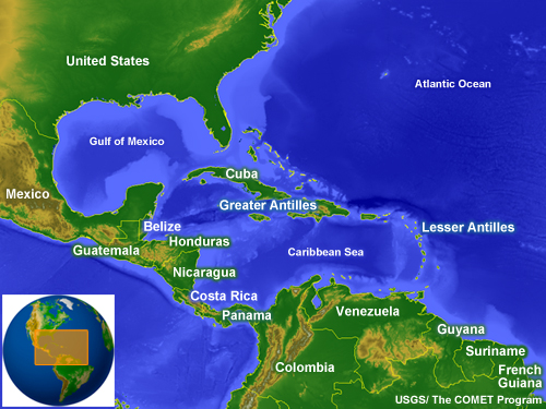 Map of Gulf of Mexico and the Caribbean Sea with surrounding countries