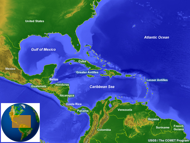 Map of Gulf of Mexico and the Caribbean Sea with surrounding countries