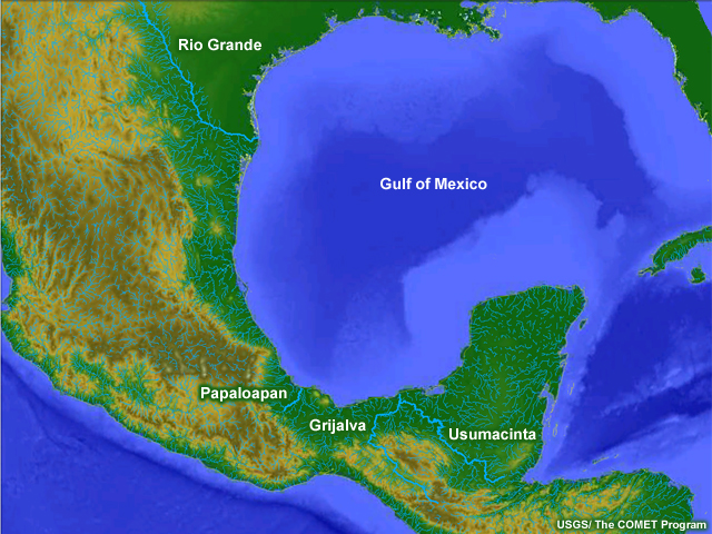 Topographic map showing the major rivers that empty into the Gulf of Mexico from Mexico