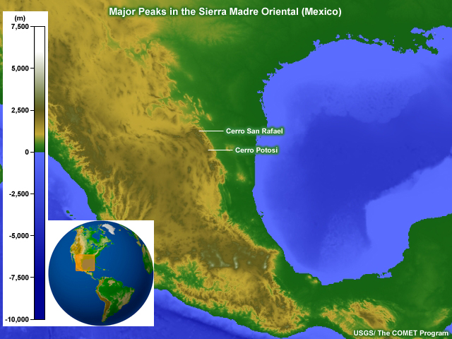 Topographic map of NE Mexico showing locations of two highest peaks, Cerro el Potosi and Cerro San Rafael
