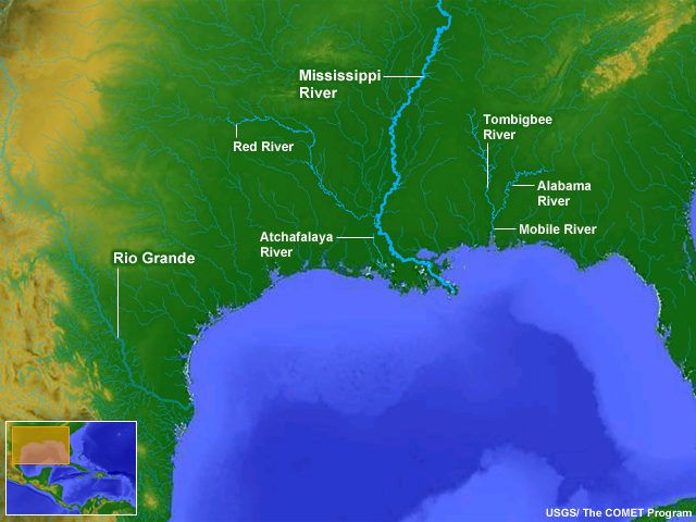 Topographic map showing the major rivers that empty into the Gulf of Mexico from the US
