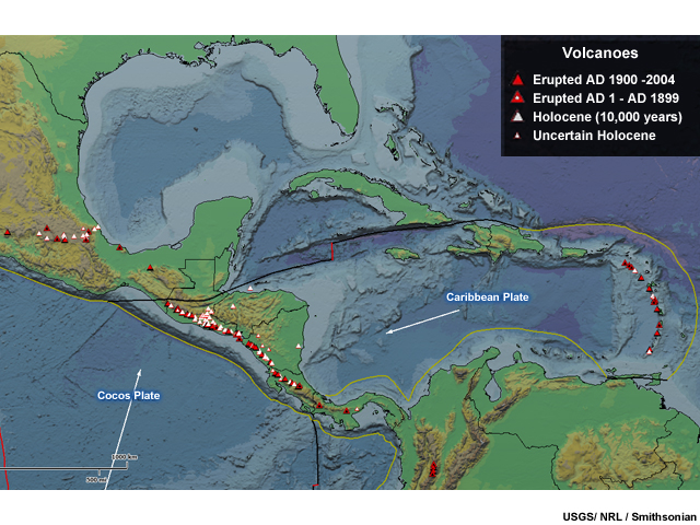 Map of tectonic plates and volcanoes in the Gulf of Mexico and Caribbean