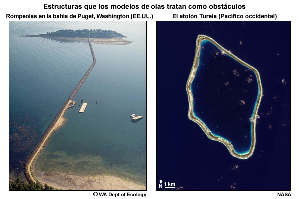 Rompeolas en la bahía de Puget y un atolón del Pacífico occidental.