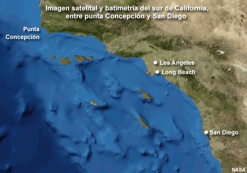 Imagen satelital y batimetría de la costa del sur de California entre Punta Concepción y San Diego.