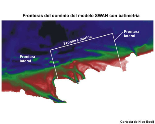 Fronteras del dominio del modelo SWAN con batimetría.