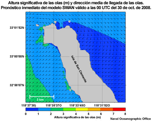 Altura significativa de las olas (m) y dirección media de llegada en la punta norte de la isla de San Clemente, California (EE.UU.). Pronóstico inmediato del modelo SWAN válido a las 00 UTC del 30 de oct. de 2008.