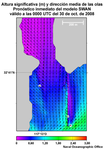 Altura significativa de las olas (m) y dirección media de llegada en la entrada de la bahía de San Diego. Pronóstico inmediato del modelo SWAN válido a las 00 UTC del 30 de oct. de 2008.