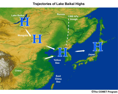 Map of East Asia with trajectory of E Baikal High during cold air outbreak