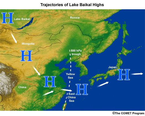 Map of East Asia with trajectory of W Baikal High during cold air outbreak