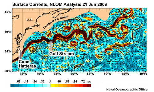 NLOM Analysis of Surface Currents 21 Jan 2006 showing Gulf Stream