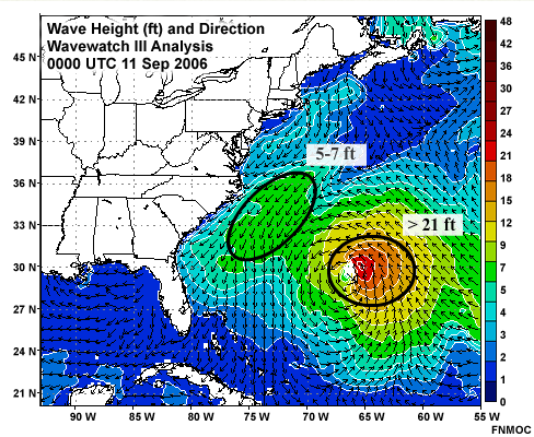 Wave Height (ft) and Direction Wave Watch III Analysis 00 UTC 11 Sep 2006 in the western Atlantic
