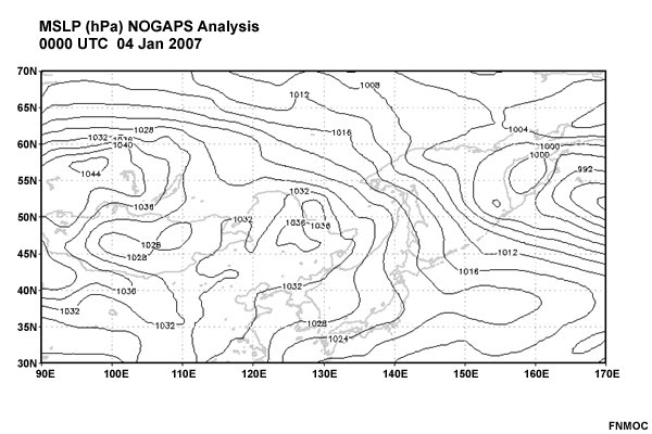 Loop of MSLP over Eastern Asia/Western Pacific 00 UTC 4 Jan to 00 UTC 7 Jan 2007