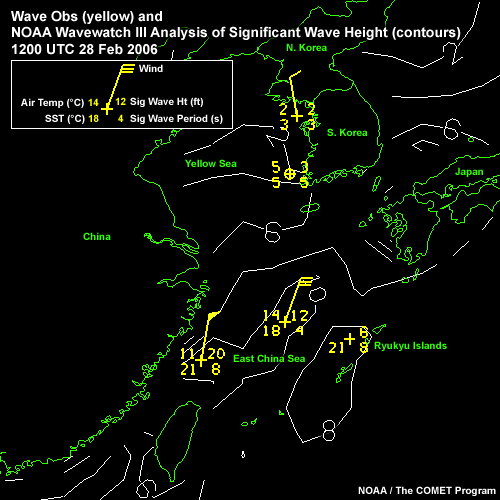 Loop of Waves in the Yellow and East China Seas: Ship/Buoy Obs (yellow) and NOAA WaveWatchIII Analysis (cyan), 1200 UTC 28 Feb 2006 to 0000 UTC 02 Mar 2006