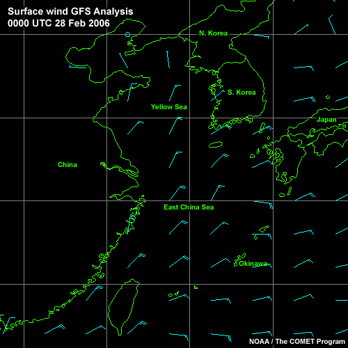 Loop of Winds in the Yellow and East China Seas: GFS Analysis (cyan), 0000 UTC 28 Feb 2006 to 1200 UTC 01 Mar 2006