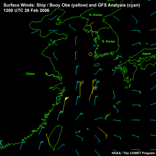 Loop of Surface Winds over the Yellow and East China Seas: Ship/Buoy Obs (yellow) and GFS Analysis (cyan), 1200 UTC 28 Feb 2006 to 1200 UTC 01 Mar 2006