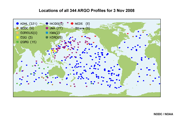 Locations of 344 ARGO Profile for 3 Nov 2008. 