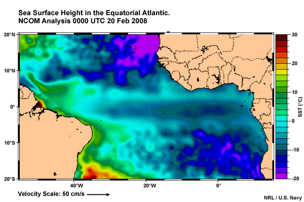 Sea Surface Height in the Equatorial Atlantic showing Upwelling.
