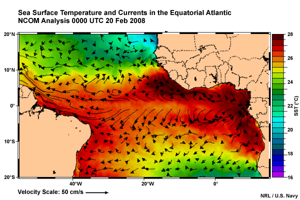 Sea Surface Temperature and Currents in the Equatorial Atlantic showing Upwelling. NCOM Analysis 00 UTC 20 Feb 2008