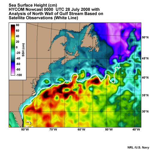 Sea Surface Height (cm) in the NW Atlantic. HYCOM Nowcast 00 UTC 28 July 2008