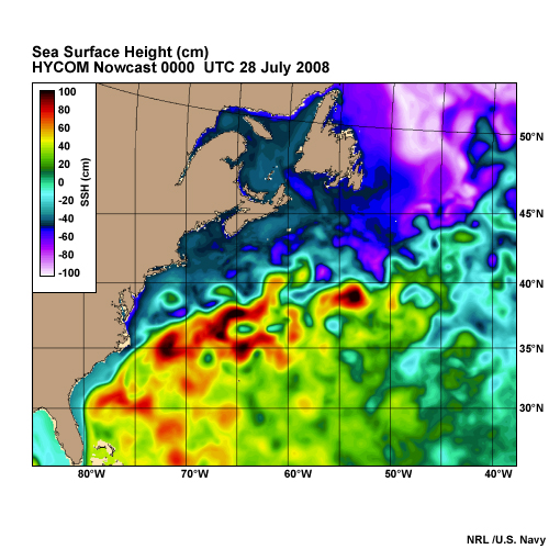 Sea Surface Height (cm) in the NW Atlantic. HYCOM Nowcast 00 UTC 28 July 2008