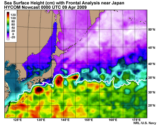 Sea Surface Height (cm) with Frontal Analysis near Japan