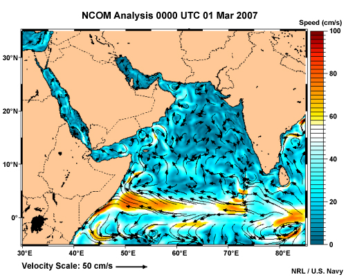 HYCOM Analysis of surface current speed and direction for the equatorial current in the Indian Ocean