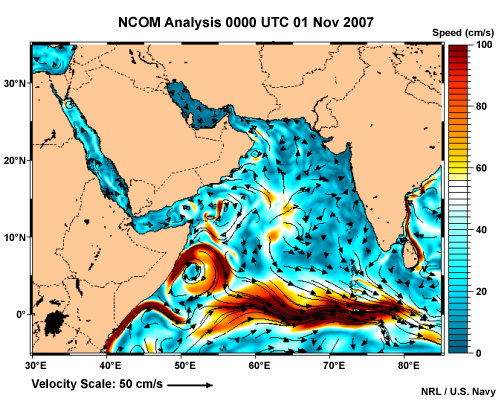 HYCOM Analysis of surface current speed and direction for the equatorial current in the Indian Ocean in Nov
